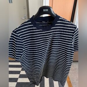 Boss Men's Dark Blue and White Striped Tee